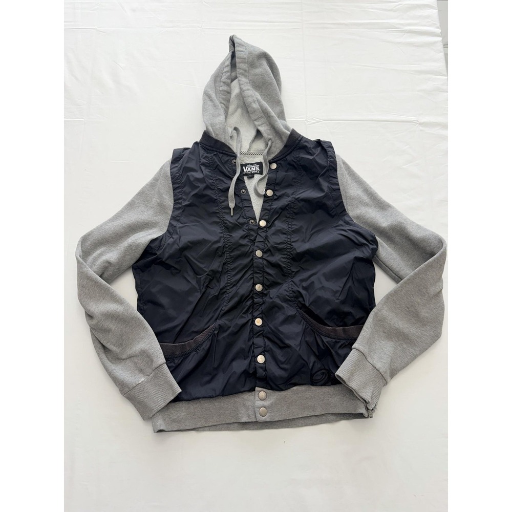 Vans Jacket Womens Large Black Gray Hooded Varsity Snap Front Fleece Lined